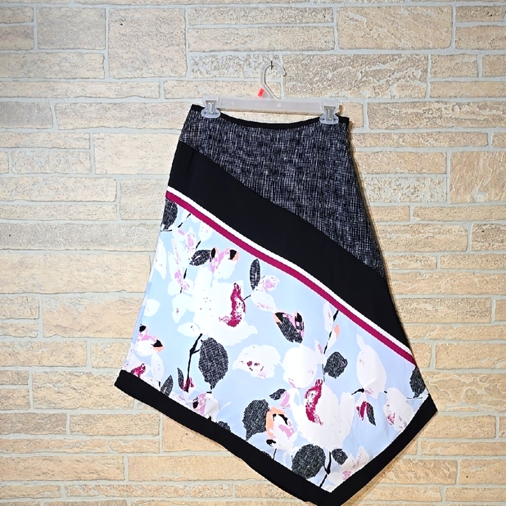 DKNY ASYMETRICAL FLORAL SKIRT SIDE ZIP LINED BLACK WHITE PINK PEACH RASPBERRY